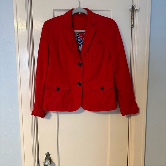 Adagio Blazer Linen Blend Pockets Vibrant Red Long Sleeve Floral Lined Size 8/10 - Picture 2 of 13